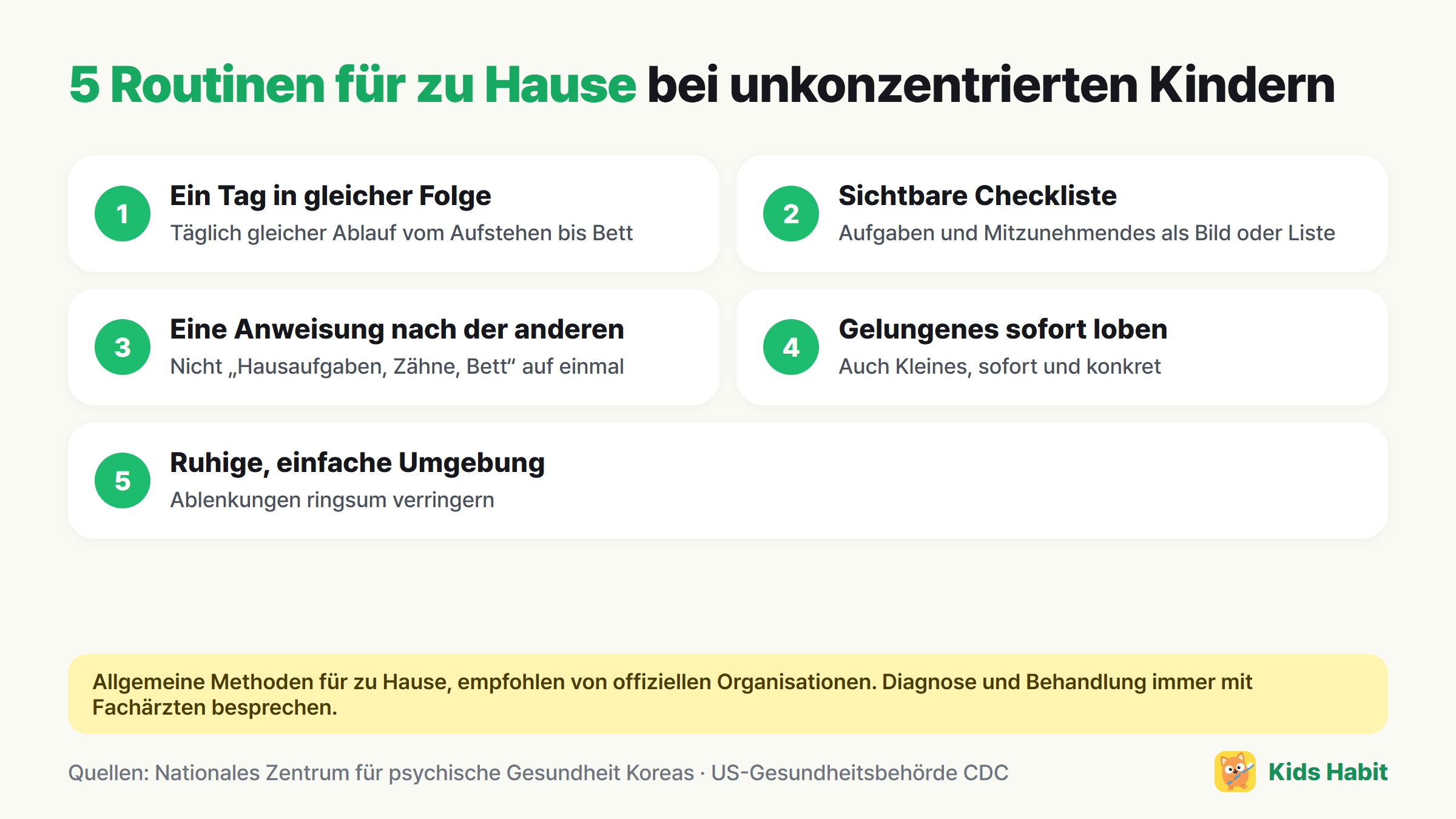 5 Routinen zu Hause für unkonzentrierte Kinder: ein Tag in gleicher Reihenfolge, eine sichtbare Checkliste, eine Anweisung nach der anderen, Gelungenes sofort loben, eine ruhige, einfache Umgebung