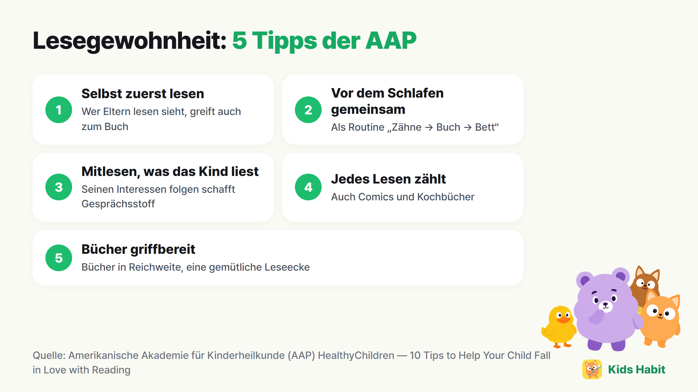 5 Tipps für die Lesegewohnheit: selbst zuerst lesen, vor dem Schlafen gemeinsam lesen, mitlesen, was das Kind liest, jedes Lesen zählt, Bücher griffbereit