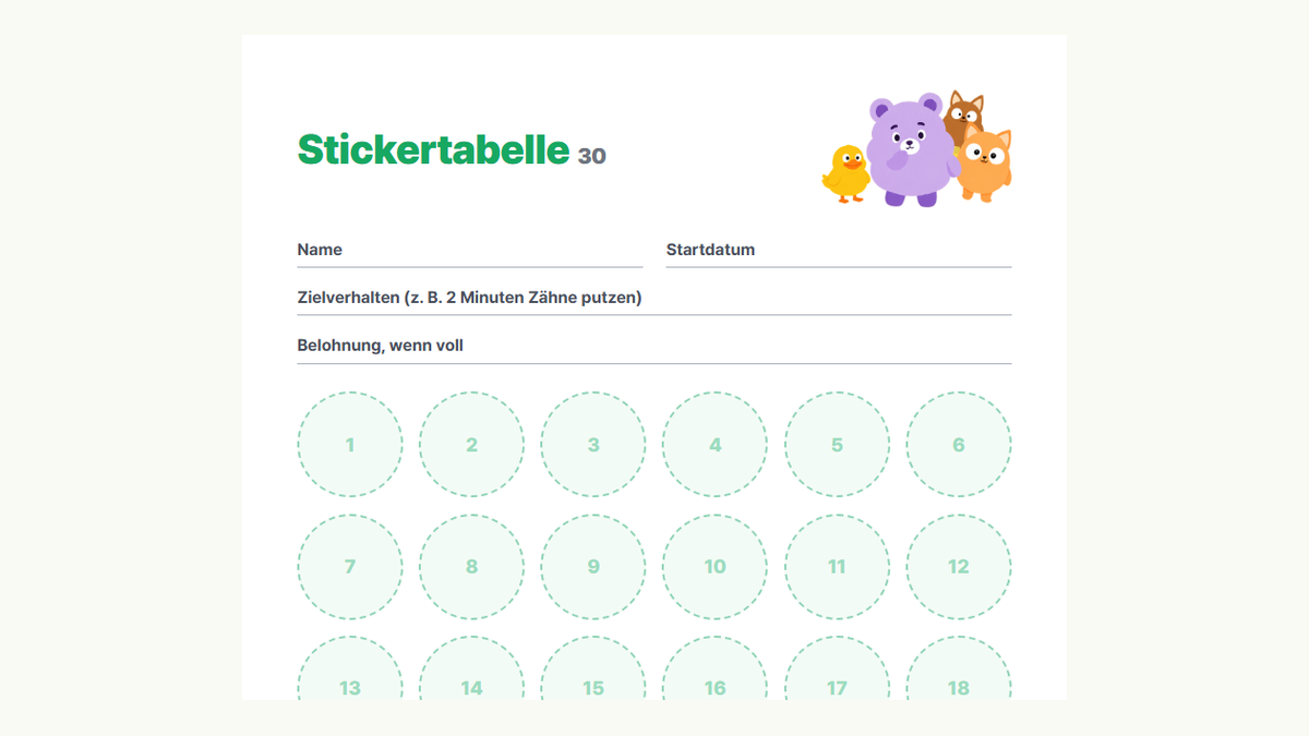 Vorschau der Kids Habit Stickertabelle mit 30 Feldern: Felder für Name, Zielverhalten und Belohnung sowie 30 Stickerfelder