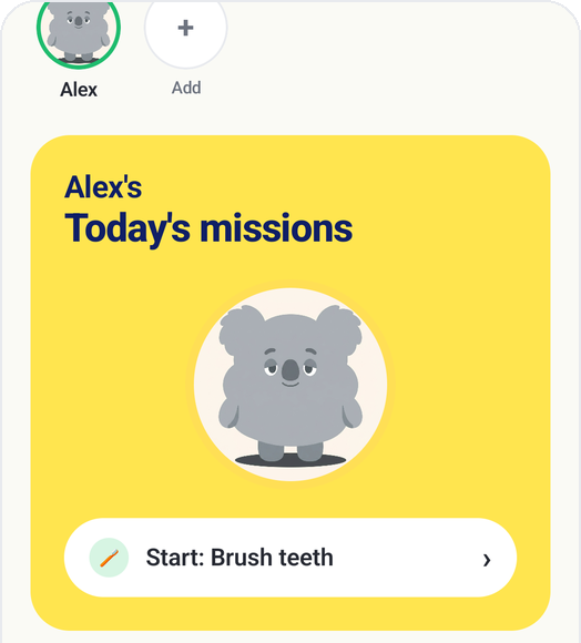 Kids Habit home screen with today's missions card and the Start Brush teeth button