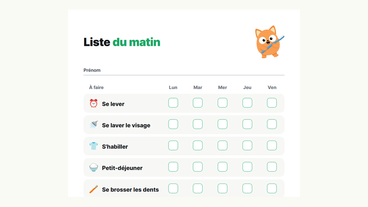 Aperçu de la liste du matin : se lever, se laver le visage, s'habiller, petit-déjeuner, se brosser les dents, préparer son cartable, mettre ses chaussures