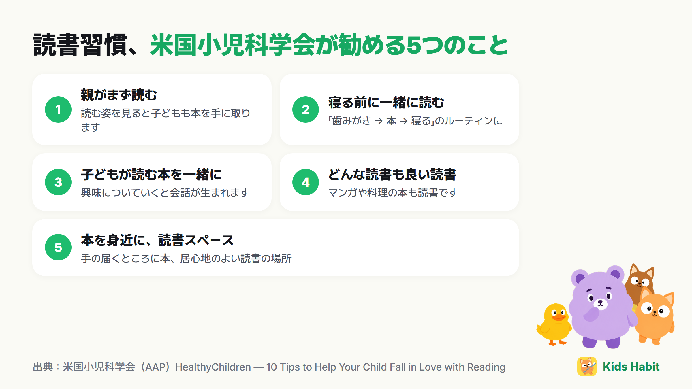 読書習慣5つ:親がまず読む、寝る前に一緒に読む、子どもが読む本を一緒に、どんな読書も良い読書、本を身近に