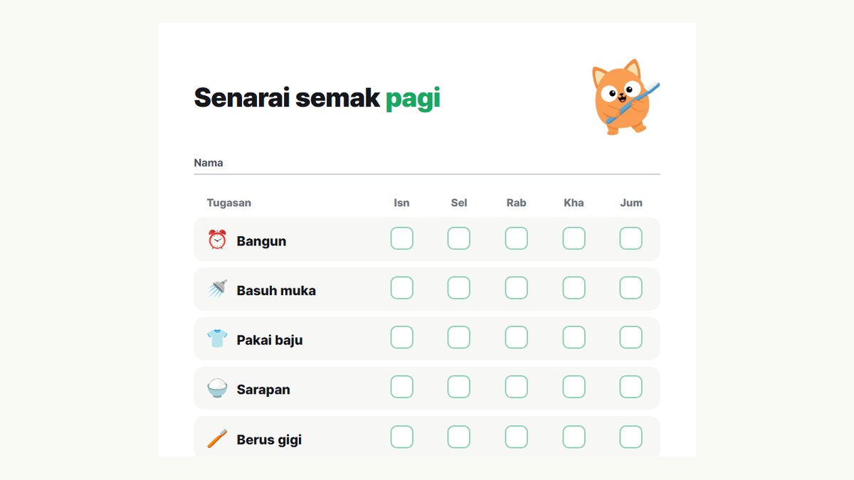 Pratonton senarai semak pagi: bangun, basuh muka, pakai baju, sarapan, berus gigi, kemas beg, pakai kasut