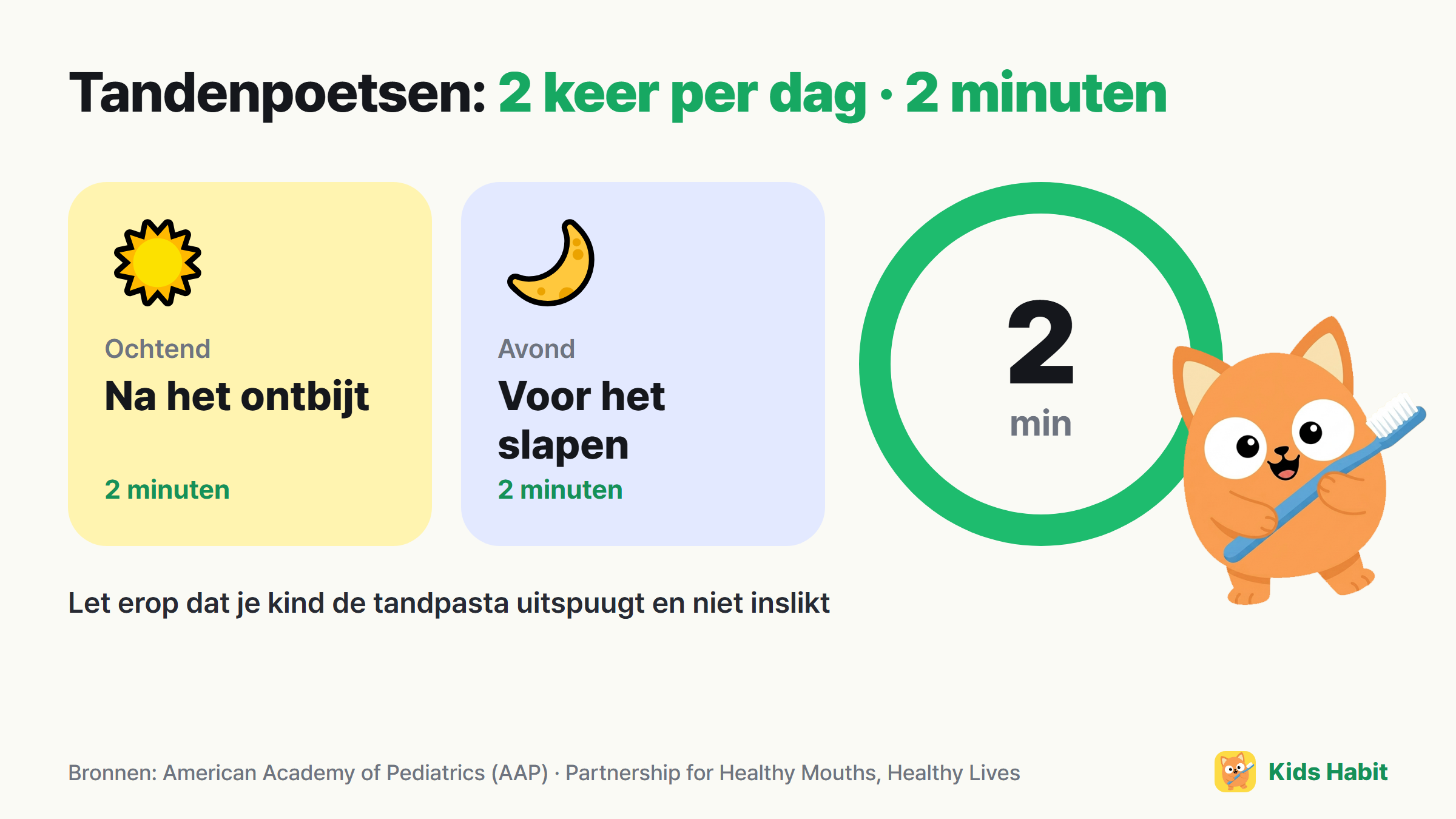 Basis van tandenpoetsen bij kinderen: na het ontbijt en voor het slapen, 2 keer per dag, telkens 2 minuten