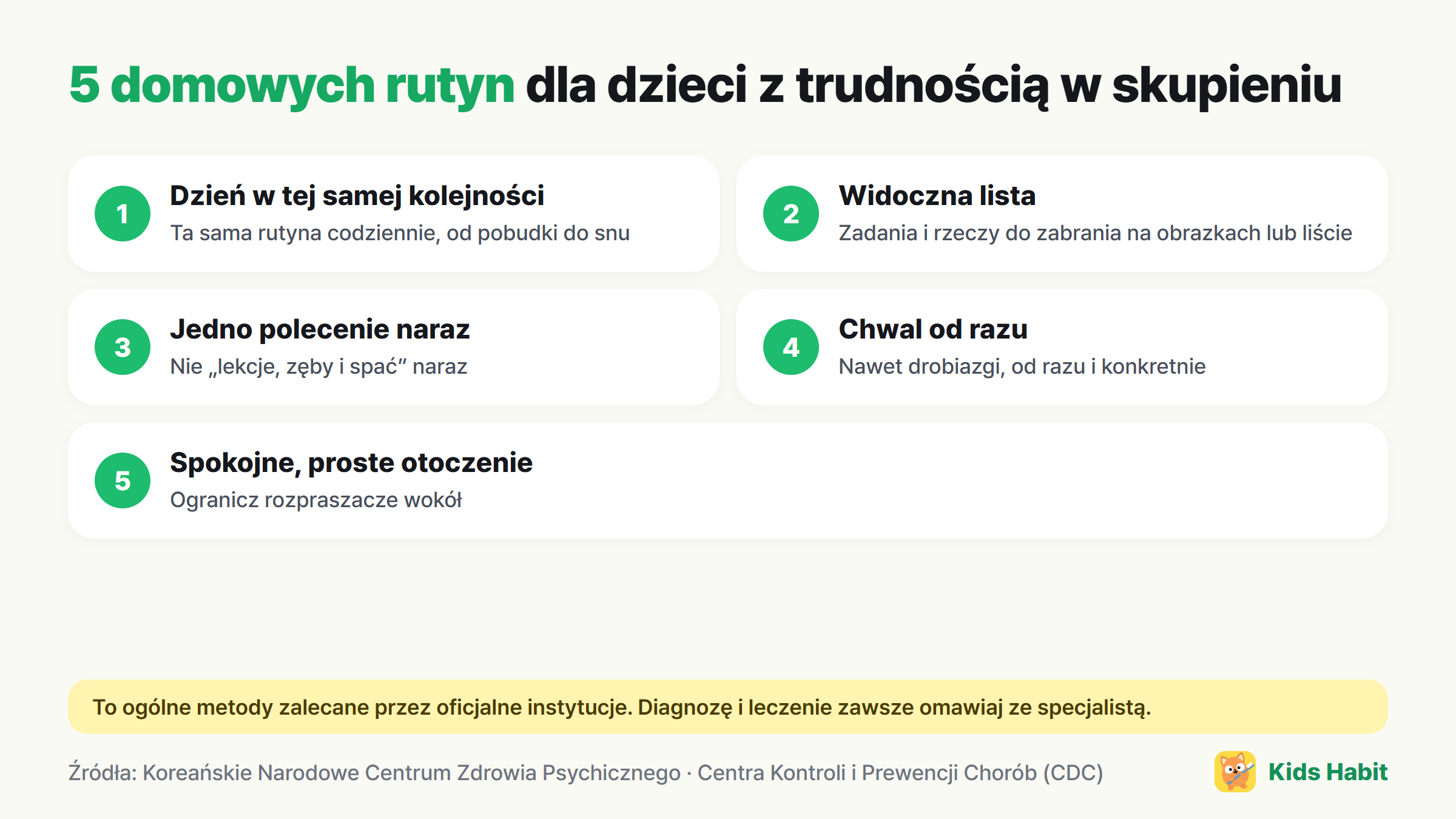 5 domowych rutyn dla rozkojarzonych dzieci: dzień w tej samej kolejności, widoczna lista, jedno polecenie naraz, chwalić od razu, spokojne i proste otoczenie