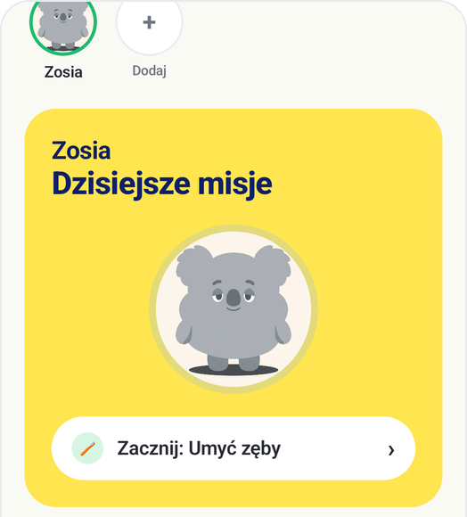 Ekran główny Kids Habit z kartą dzisiejszych misji i przyciskiem „Zacznij: Umyć zęby”