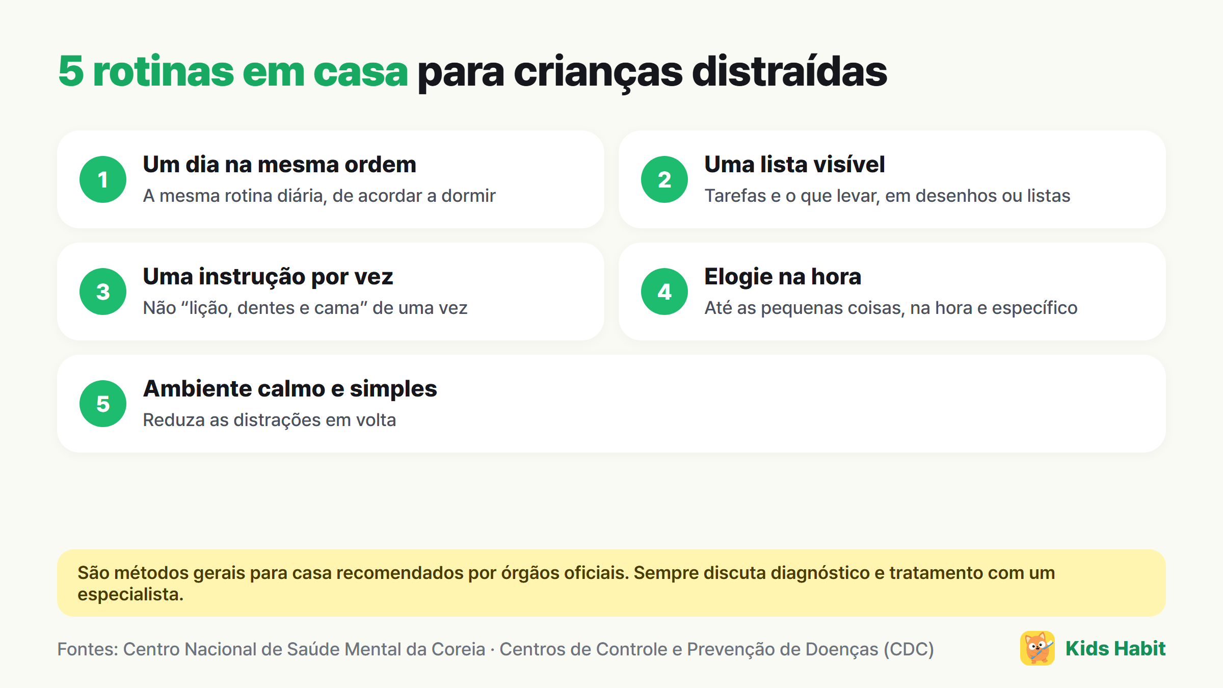 5 rotinas em casa para crianças distraídas: um dia na mesma ordem, uma lista visível, uma instrução por vez, elogiar na hora o que faz bem, um ambiente calmo e simples
