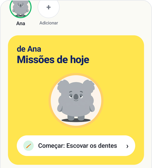 Tela inicial do Kids Habit com o cartão de missões de hoje e o botão “Começar Escovar os dentes”