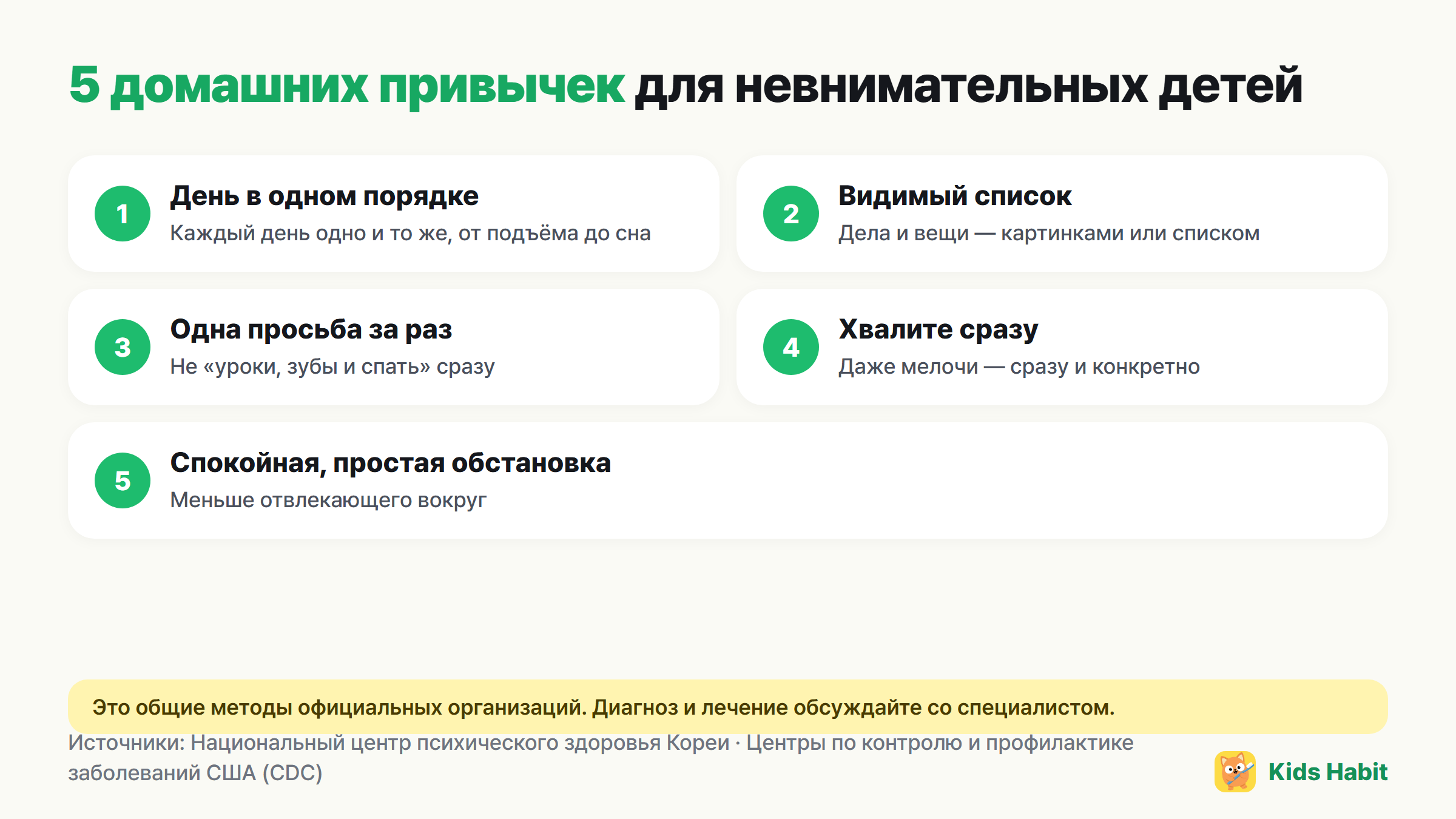 5 домашних привычек для невнимательных детей: день в одном порядке, видимый чек-лист, одна просьба за раз, сразу хвалить хорошее поведение, спокойная и простая обстановка