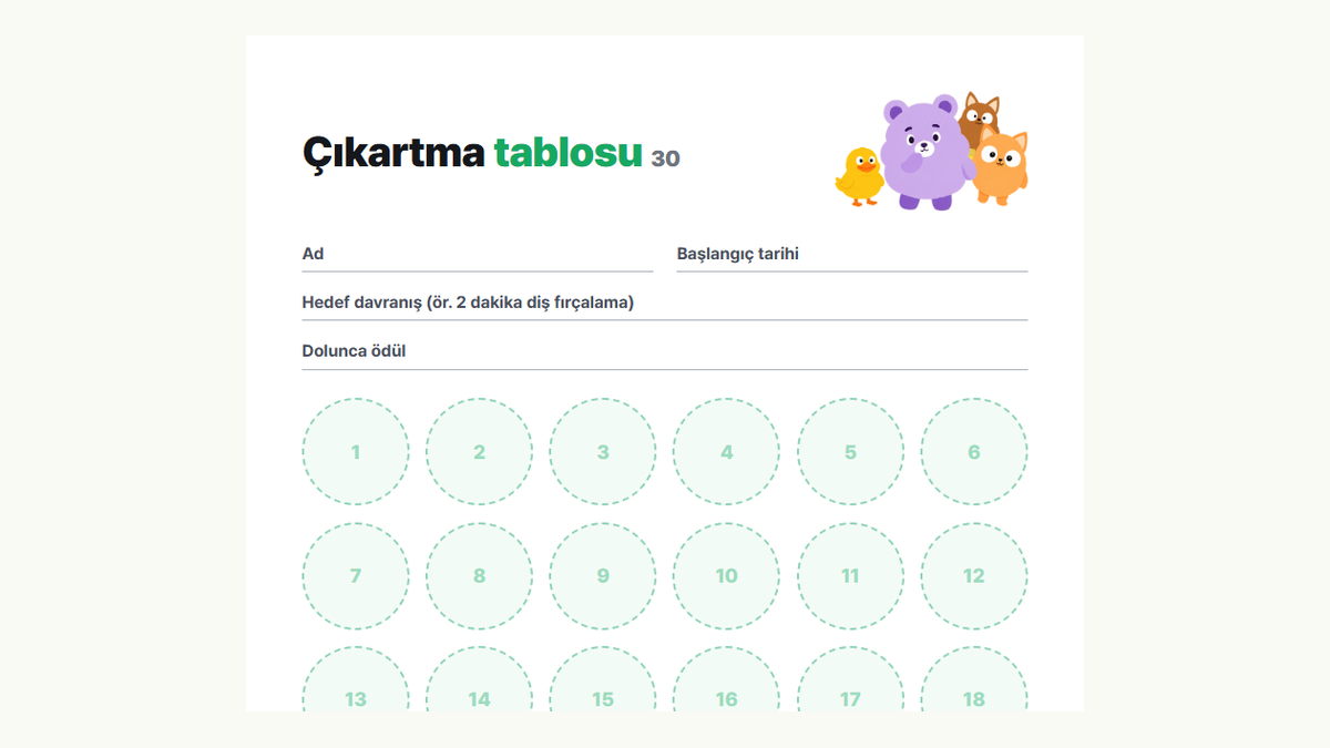 Kids Habit 30 kutucuklu çıkartmalı ödül tablosu önizlemesi: ad, hedef davranış ve ödül alanları ile 30 çıkartma kutucuğu
