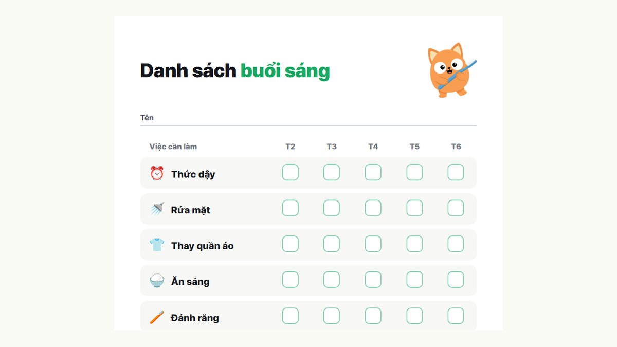 Xem trước danh sách kiểm buổi sáng: thức dậy, rửa mặt, thay quần áo, ăn sáng, đánh răng, chuẩn bị cặp, đi giày