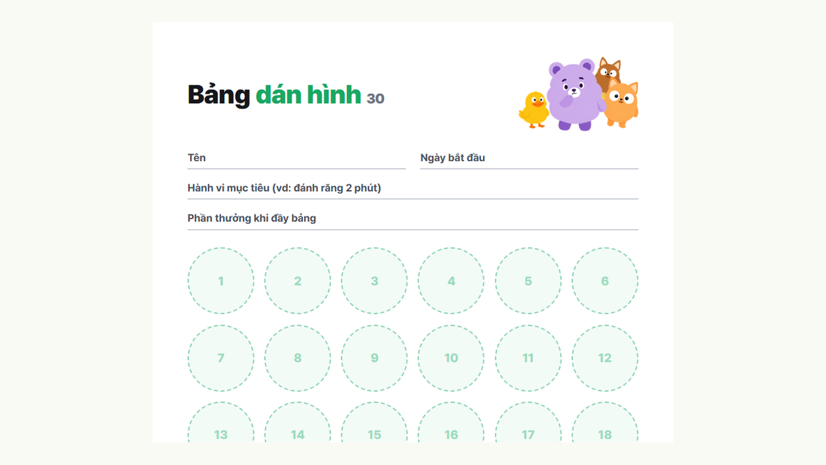 Xem trước bảng dán hình khen thưởng 30 ô của Kids Habit: ô ghi tên, hành vi mục tiêu và phần thưởng cùng 30 ô dán hình