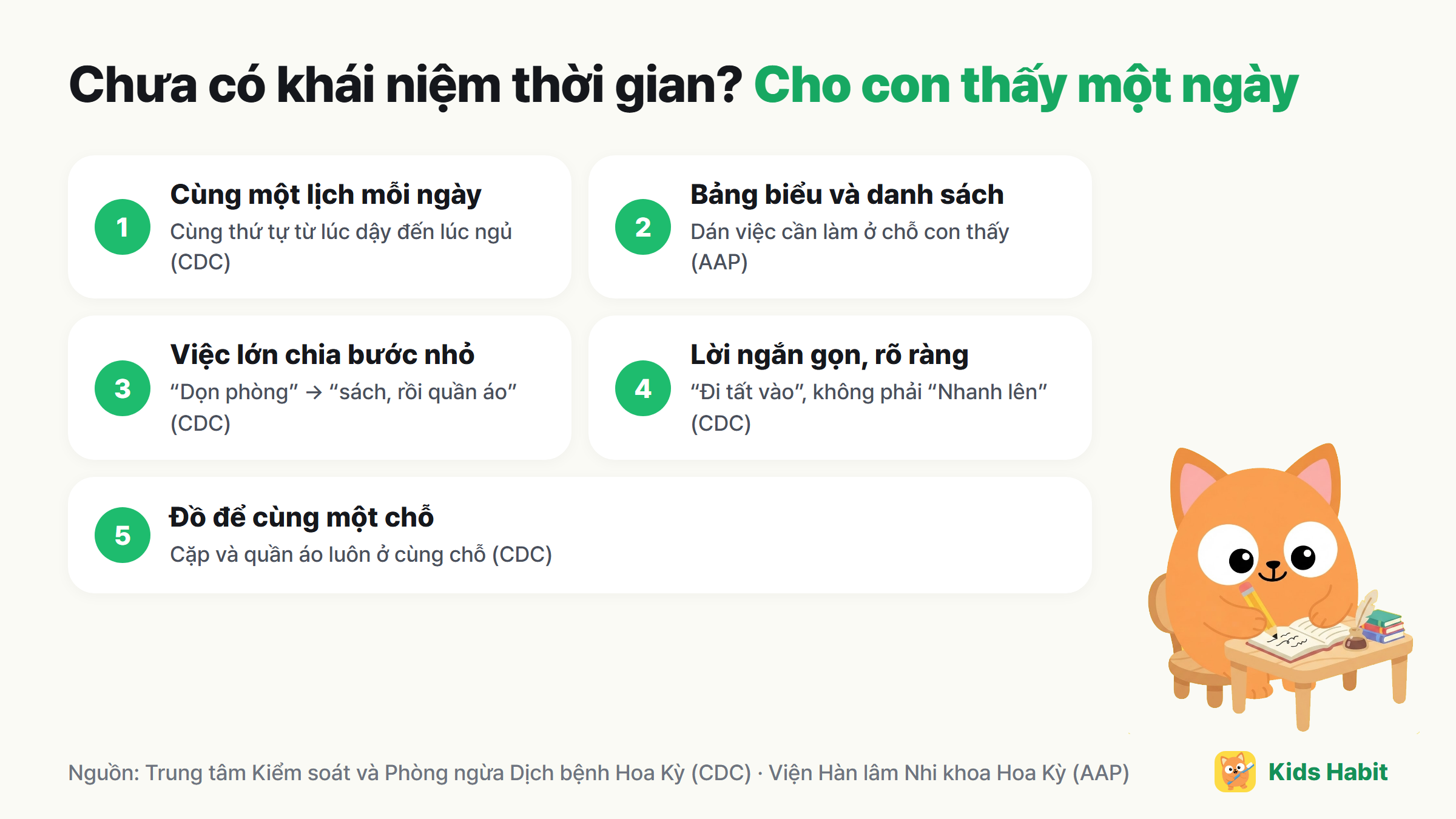 Giúp trẻ chưa có khái niệm thời gian nhìn thấy một ngày: cùng lịch mỗi ngày, bảng biểu và danh sách kiểm, việc lớn chia bước nhỏ, lời ngắn gọn rõ ràng, đồ để cùng một chỗ