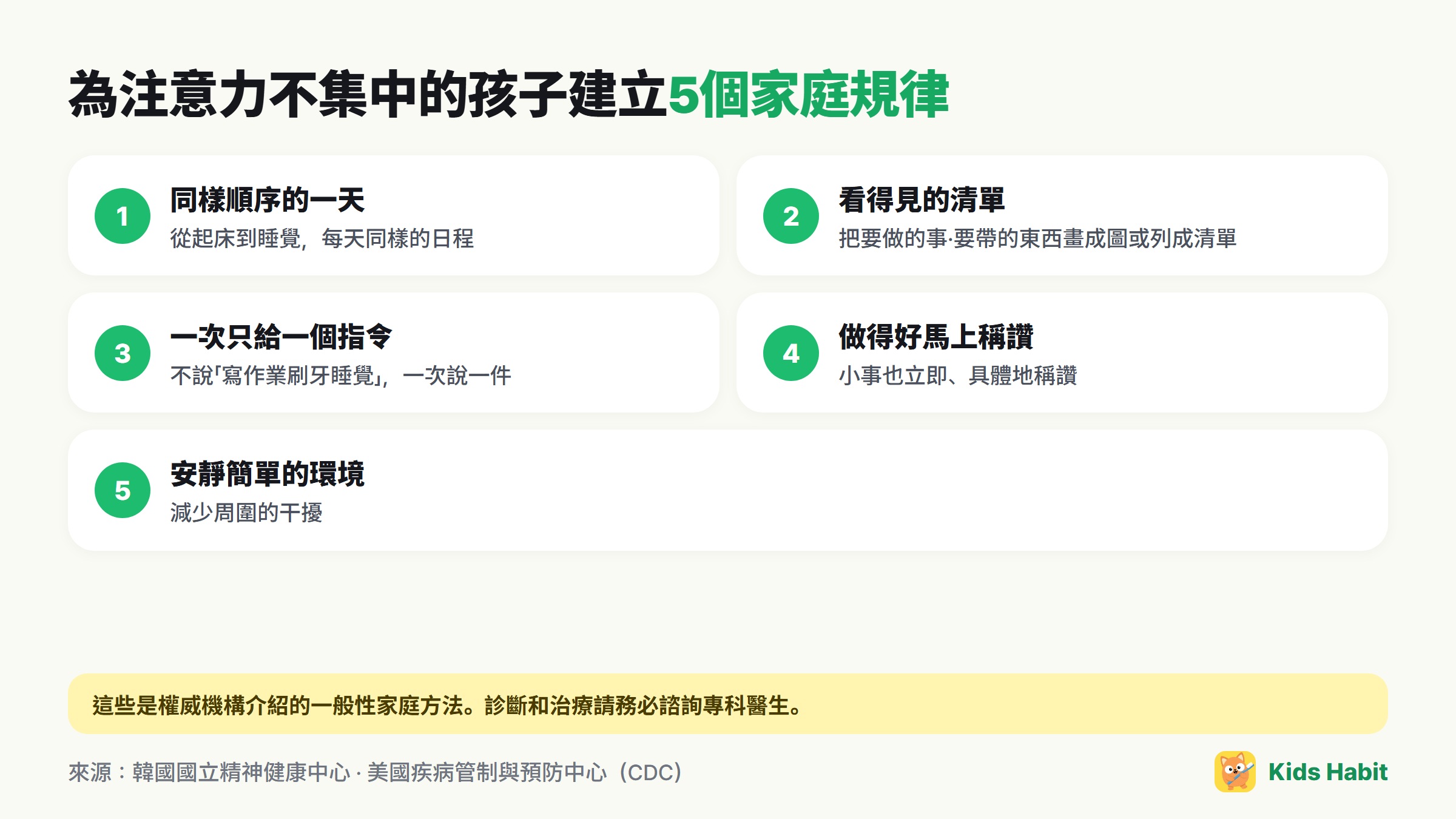 為注意力不集中的孩子建立的5個家庭規律:同樣順序的一天、看得見的清單、一次一個指令、做得好馬上稱讚、安靜簡單的環境