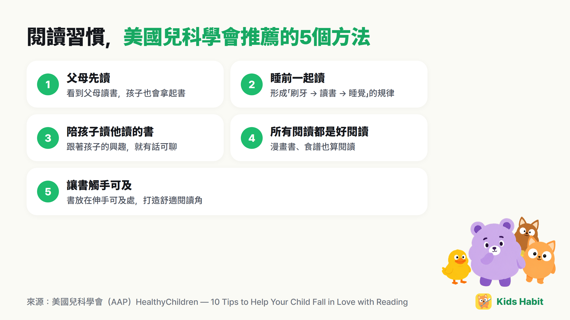 閱讀習慣5個方法:父母先讀、睡前一起讀、陪孩子讀他讀的書、所有閱讀都是好閱讀、讓書觸手可及