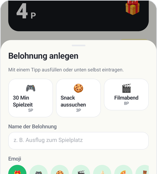 Kids Habit Bildschirm „Belohnung anlegen“: 30 Min Spielzeit, Snack aussuchen, Filmabend