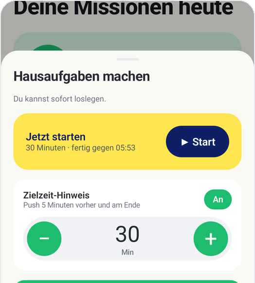 Kids Habit Kindermodus: Hausaufgaben machen, Jetzt starten, Zielzeit 30 Minuten, Zielzeit-Hinweis