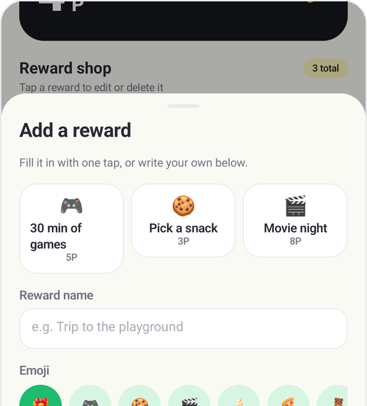 Kids Habit Add reward screen: 30 minutes of games 5P, buy a snack 3P, watch a movie 8P