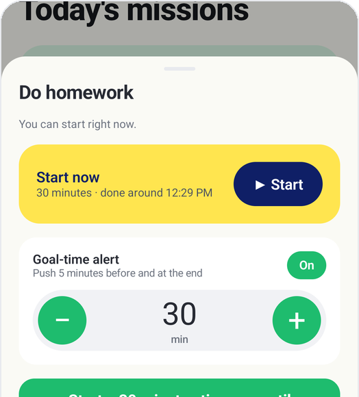 Kids Habit Kid Mode: Do homework, Start now, goal time 30 minutes, goal-time alert