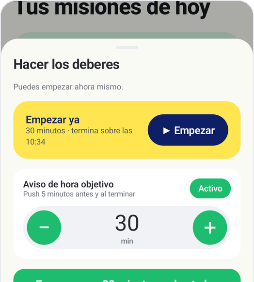 Pantalla «Hacer los deberes» del Modo niño de Kids Habit: Empezar ya, tiempo objetivo 30 minutos, aviso de hora objetivo