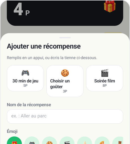 Écran « Ajouter une récompense » de Kids Habit : 30 min de jeu, Choisir un goûter, Soirée film