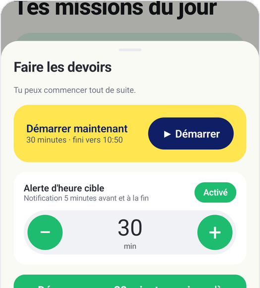 Mode enfant de Kids Habit : Faire les devoirs, Démarrer maintenant, durée cible 30 minutes, alerte d'heure cible