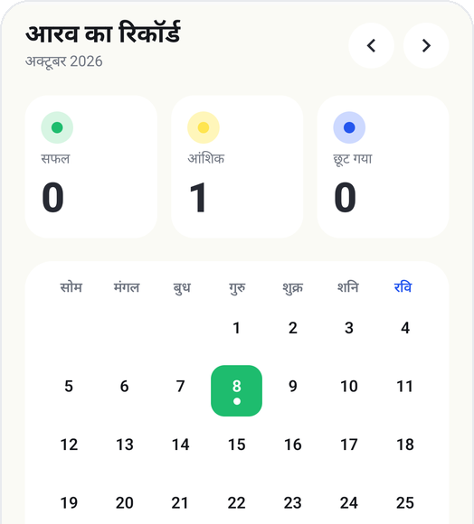 Kids Habit कैलेंडर स्क्रीन: रोज़ के पूरे, आंशिक और छूटे रिकॉर्ड