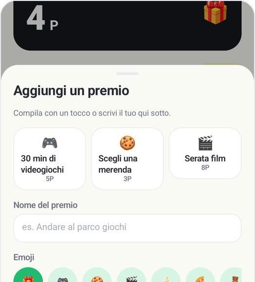 Schermata «Aggiungi un premio» di Kids Habit: 30 min di videogiochi, Scegli una merenda, Serata film