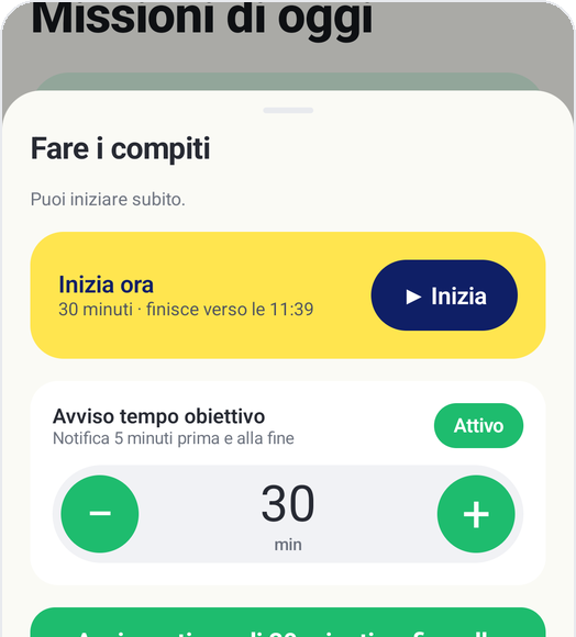 Modalità bambino di Kids Habit: Fare i compiti, Inizia ora, tempo obiettivo 30 minuti, avviso tempo obiettivo