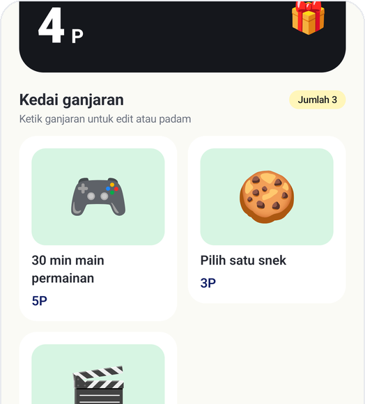 Skrin Tambah ganjaran Kids Habit: 30 min main permainan, Pilih satu snek, Malam wayang