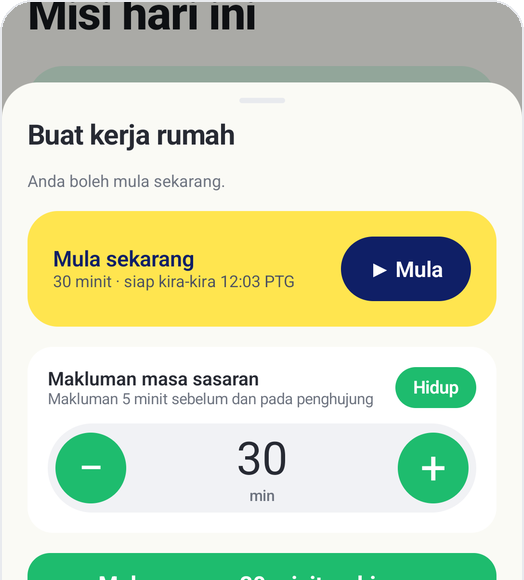 Mod Kanak-kanak Kids Habit: Buat kerja rumah, Mula sekarang, masa sasaran 30 minit, Makluman masa sasaran
