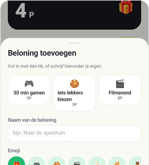 Scherm Beloning toevoegen in Kids Habit: 30 min gamen, Iets lekkers kiezen, Filmavond