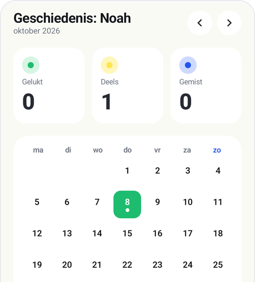 Kalenderscherm van Kids Habit: dagelijkse records van gelukt, deels en gemist