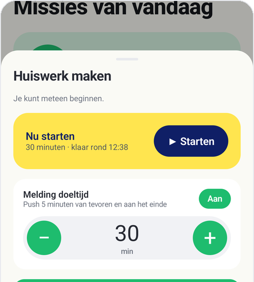 Kindmodus van Kids Habit: Huiswerk maken, Nu starten, doeltijd 30 minuten, Melding doeltijd