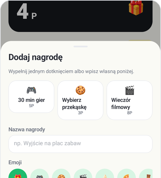 Ekran „Dodaj nagrodę” w Kids Habit: 30 min gier, Wybierz przekąskę, Wieczór filmowy