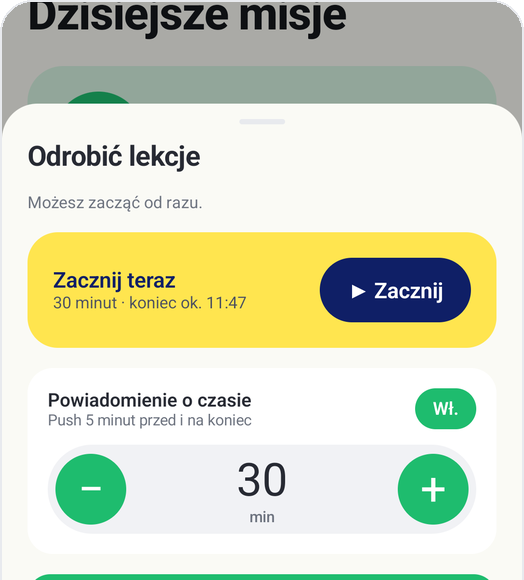 Tryb dziecka w Kids Habit: Odrobić lekcje, Zacznij teraz, czas docelowy 30 minut, powiadomienie o czasie