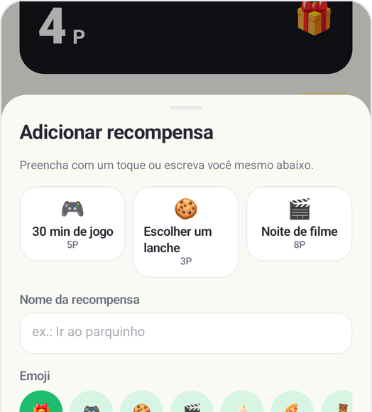 Tela “Adicionar recompensa” do Kids Habit: 30 min de jogo, Escolher um lanche, Noite de filme