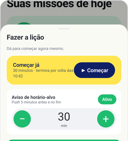 Tela “Fazer a lição” do Modo Criança do Kids Habit: Começar já, tempo-alvo de 30 minutos, aviso de horário-alvo