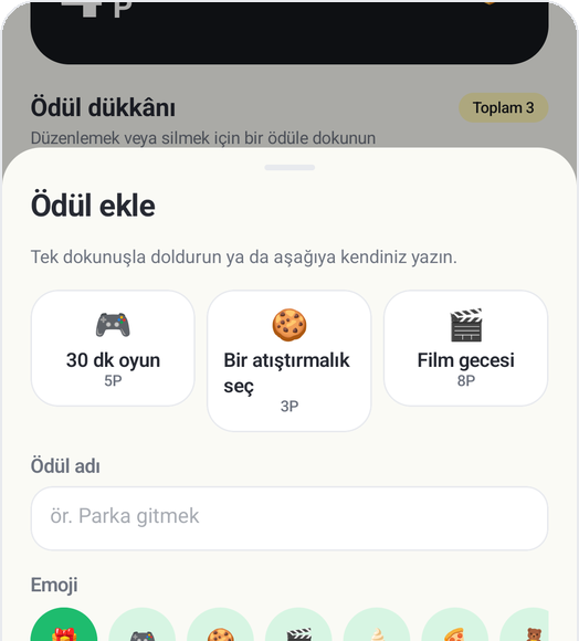 Kids Habit Ödül ekle ekranı: 30 dk oyun, Bir atıştırmalık seç, Film gecesi