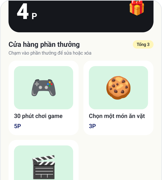 Màn hình Cửa hàng phần thưởng của Kids Habit: 30 phút chơi game, Chọn một món ăn vặt, Tối xem phim
