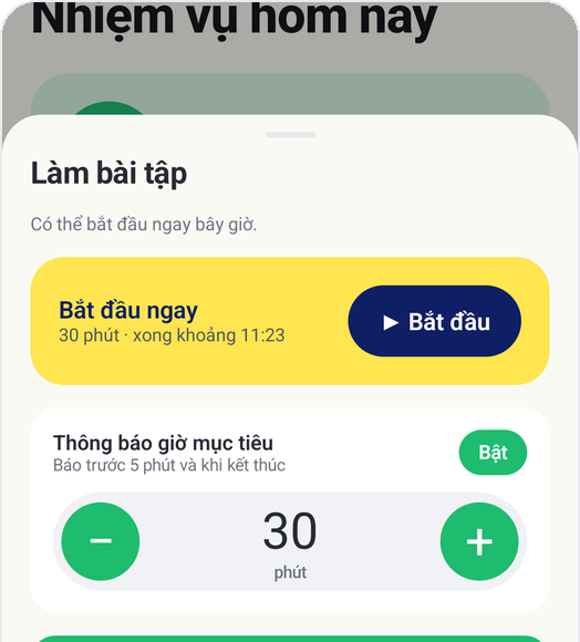 Chế độ trẻ em của Kids Habit: Làm bài tập, Bắt đầu ngay, mục tiêu 30 phút, Thông báo giờ mục tiêu